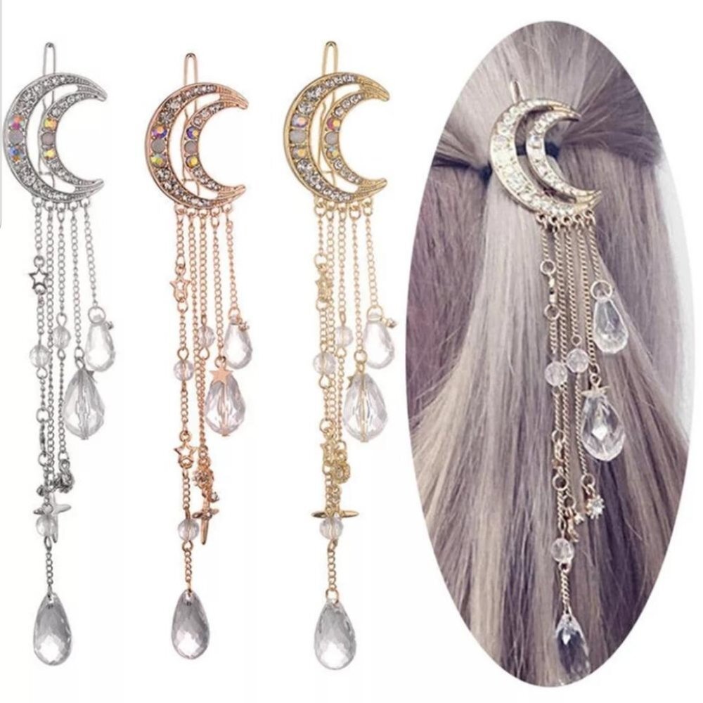 Moon Hair Clip Iridescent Crystals Cross